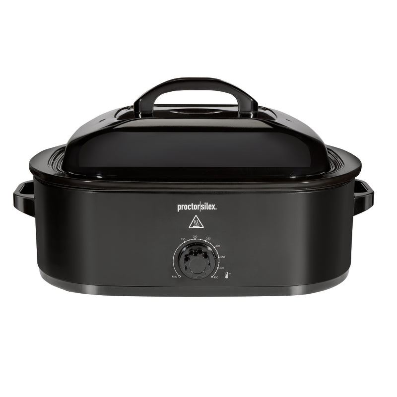 Black 18-quart Emery Jensen roaster oven with a sturdy handle and digital controls, perfect for large cooking tasks.
