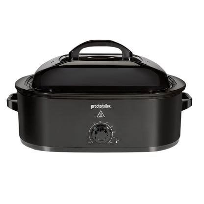 Black 18-quart Emery Jensen roaster oven with a sturdy handle and digital controls, perfect for large cooking tasks.