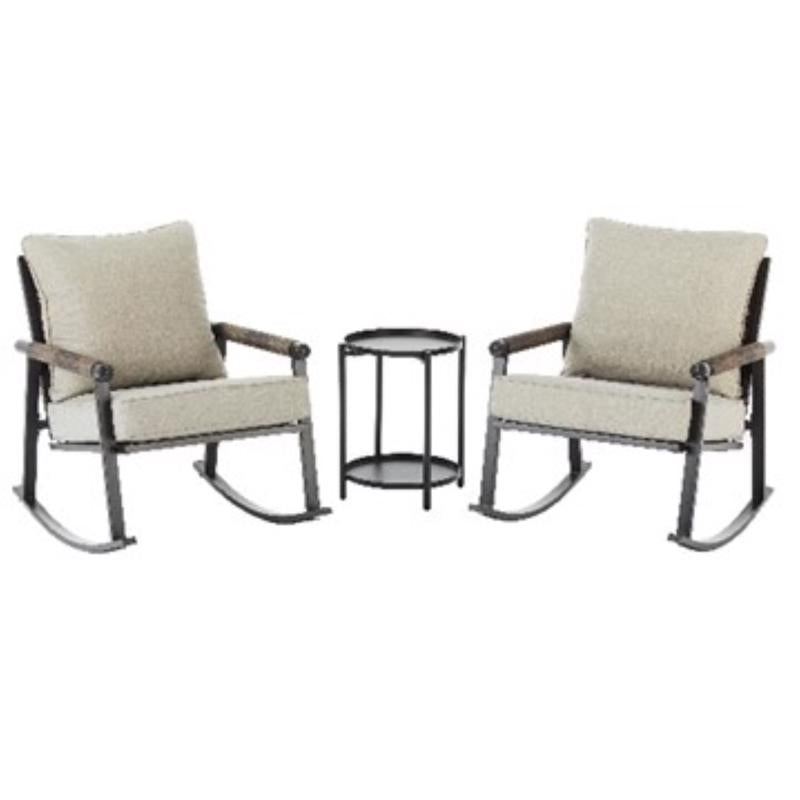 Set of three Emery Jensen Genesis rocking chairs with wooden frames and cushioned seats, perfect for cozy outdoor or indoor relaxation.