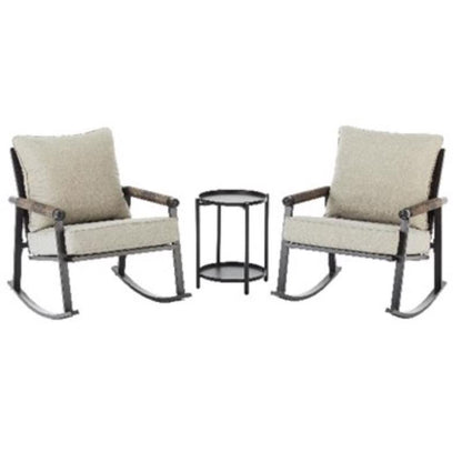 Set of three Emery Jensen Genesis rocking chairs with wooden frames and cushioned seats, perfect for cozy outdoor or indoor relaxation.