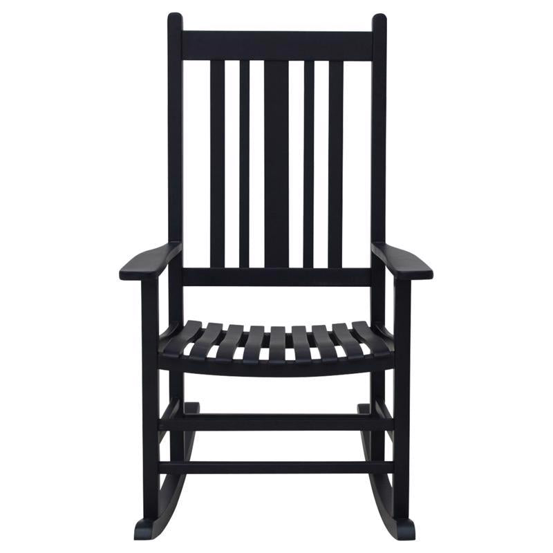 Emery Jensen black wooden rocking chair with a casual design, ideal for relaxing in a cozy living space.