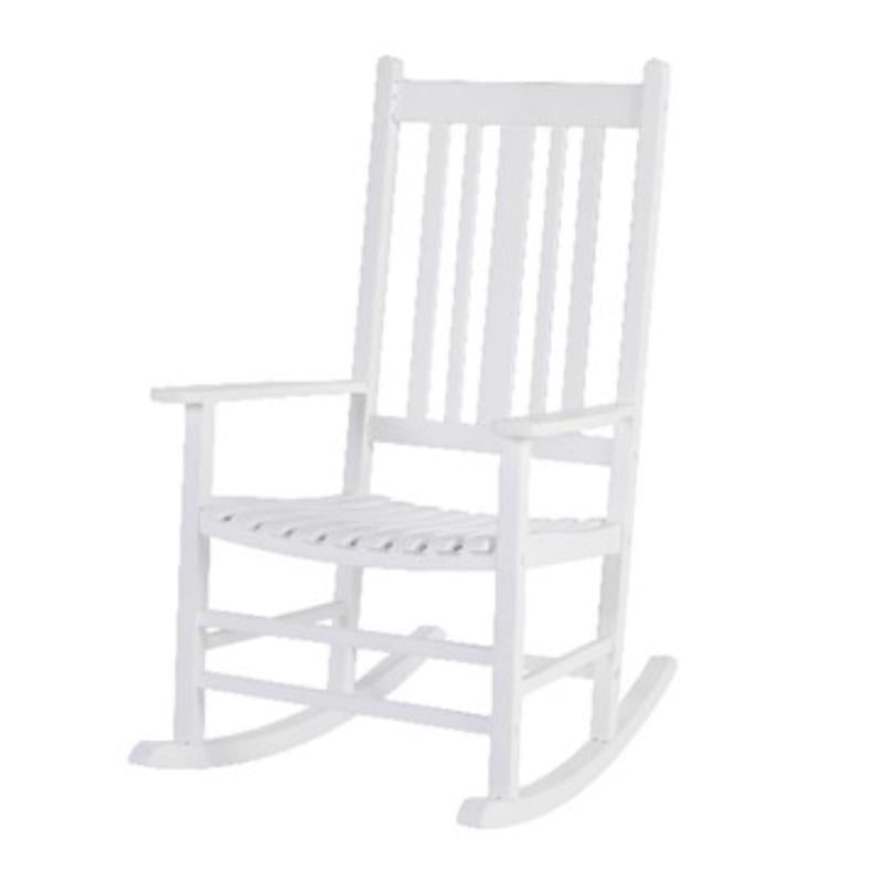 Emery Jensen rocking chair with a casual wood design in white, featuring a comfortable seat and curved armrests.