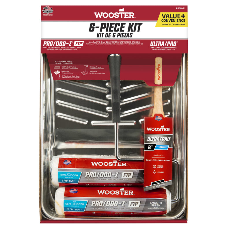 Emery Jensen WSTR 6-piece applicator kit with roller and tray sets for painting projects, shown in a set of applicators and accessories.