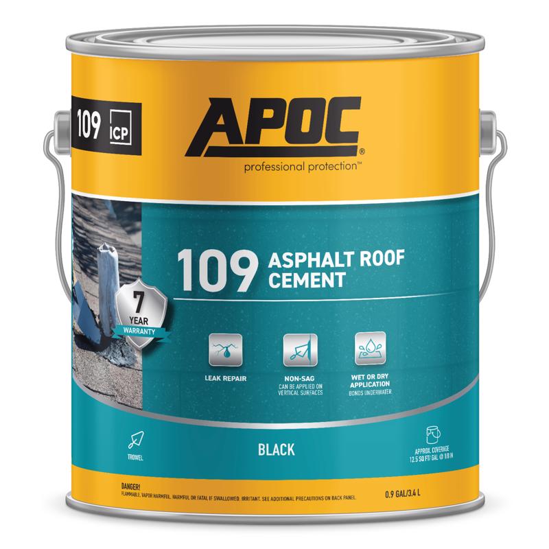 Four 1-gallon black asphalt roof and foundation coating containers by Emery Jensen, designed for roof and foundation sealing.