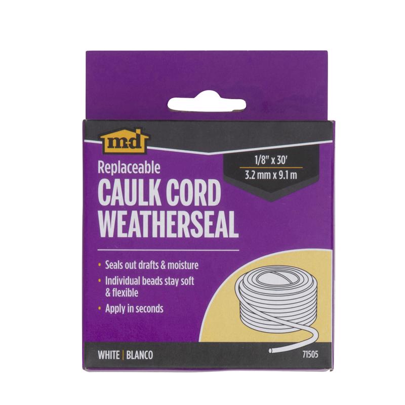 White Emery Jensen rope caulk cord, 30 inches long, used for sealing gaps and joints in home improvement projects.