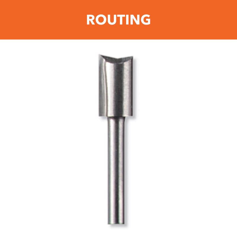 Emery Jensen 1/4-inch straight router bit for Dremel rotary tool, shown attached to rotary tool accessory.