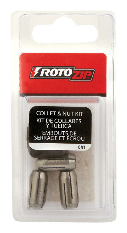 Emery Jensen rotary tool collet and nut set with various sizes for secure bit attachment and precise operation.