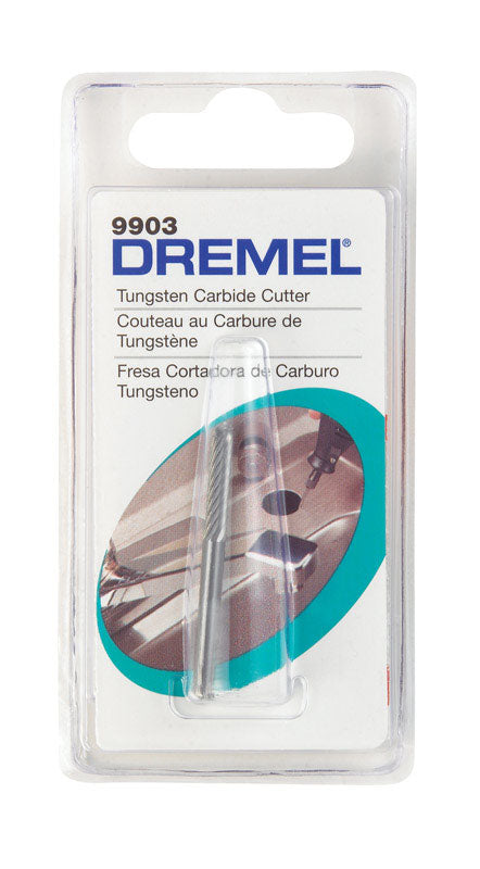 Emery Jensen rotary tool accessory, 1/8 inch cylindrical cutter for grinding and shaping materials, shown in use.