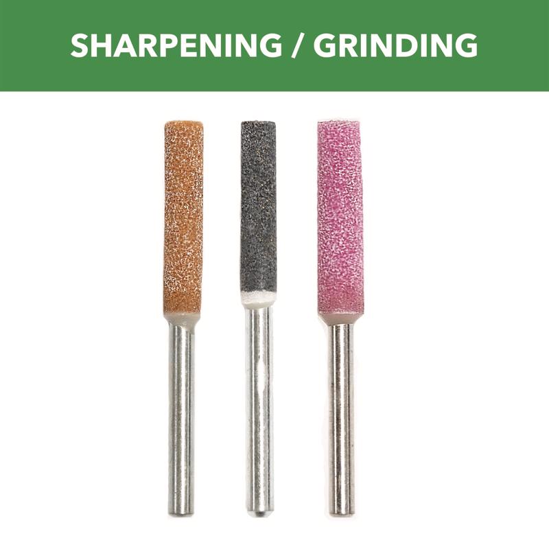 Emery Jensen grinding stones aluminum oxide 3-pack for rotary tools, close-up of abrasive grinding stones in a plastic case.