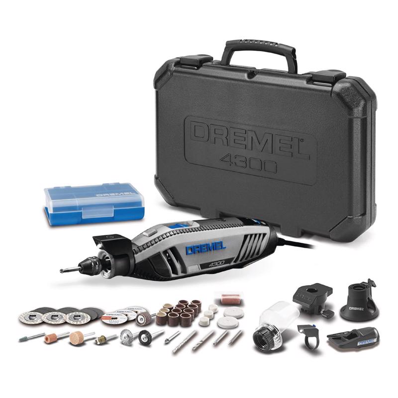 Emery Jensen rotary toolkit DRML 4300 with multiple attachments and accessories for versatile DIY and professional projects.