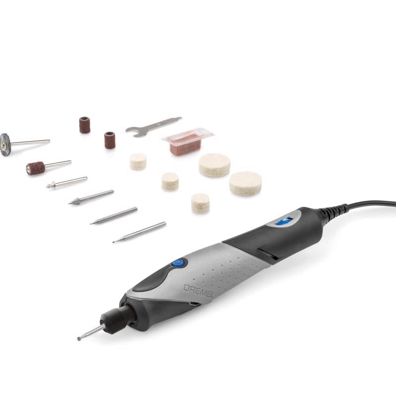 Emery Jensen Stylo Rotary Tool with various attachments, compact handheld rotary tool for precision carving and polishing.