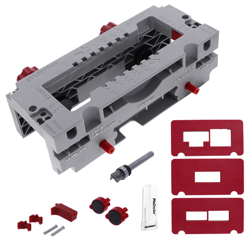 Emery Jensen 13-piece door hinge template router bit accessory set for woodworking and door hinge installation.
