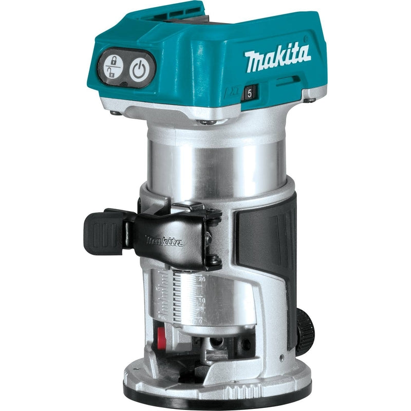 Emery Jensen lithium 18V router with a compact design, weighing 4.6 pounds, shown in a close-up view.