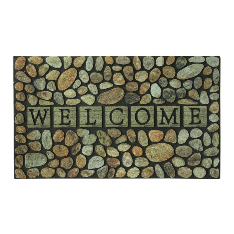 Emery Jensen rubber door mat, Welcome CR Mat PEBL 18x30 inches, black textured surface for outdoor entryway use