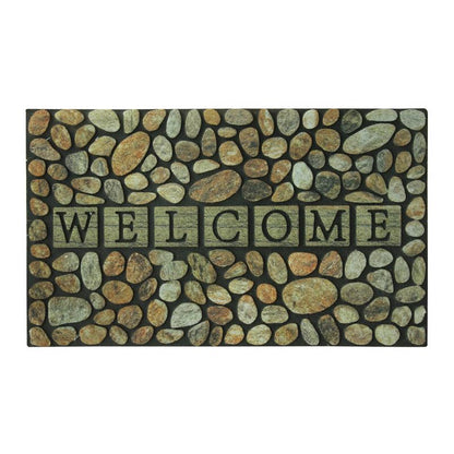 Emery Jensen rubber door mat, Welcome CR Mat PEBL 18x30 inches, black textured surface for outdoor entryway use