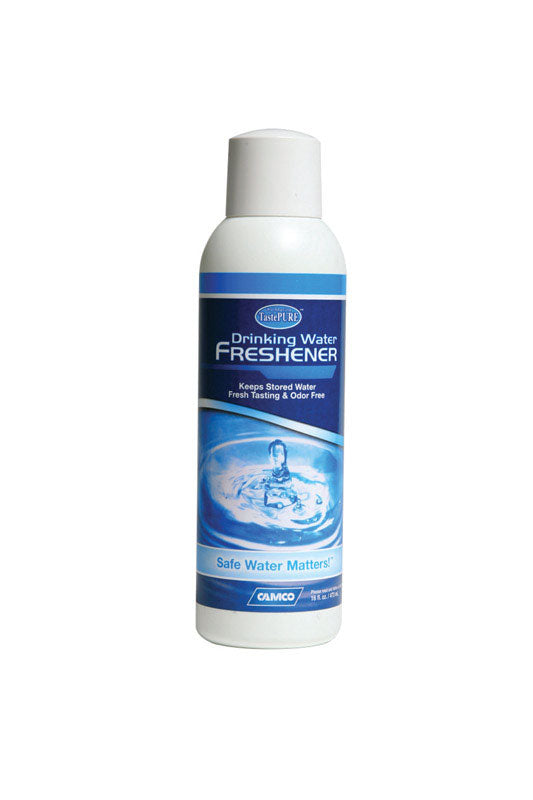 Emery Jensen RV chemicals bottle labeled RV Drinking Water Freshener, designed to improve water taste for RV use.