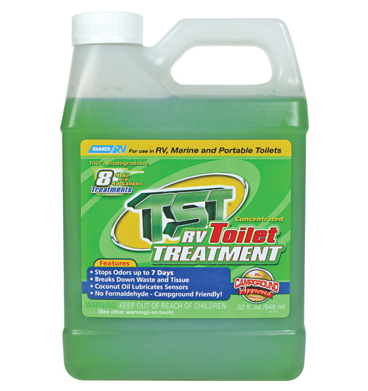 Emery Jensen RV toilet treatment 32oz bottle, chemical solution for freshening and cleaning RV toilet systems.
