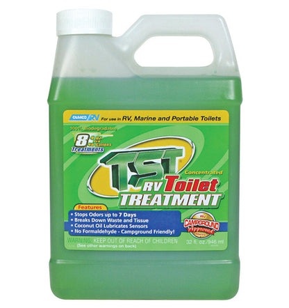 Emery Jensen RV toilet treatment 32oz bottle, chemical solution for freshening and cleaning RV toilet systems.