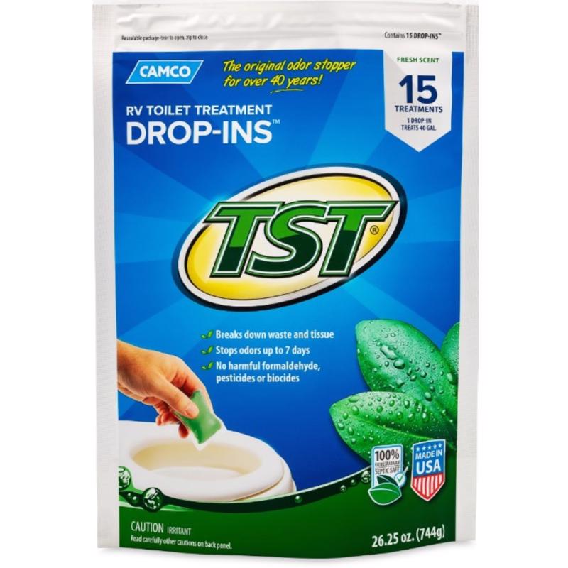 Emery Jensen RV toilet treatment chemical in a container, designed to clean and deodorize RV toilets.
