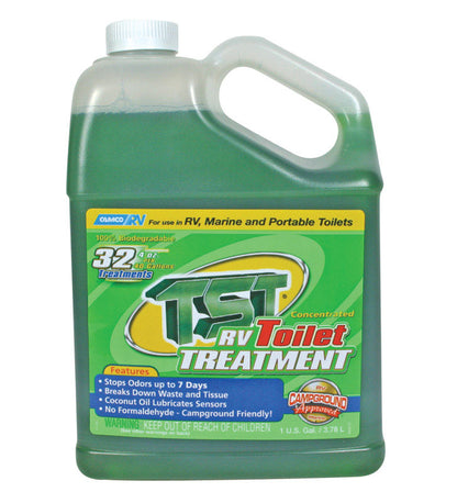 Emery Jensen RV toilet treatment chemical in a one-gallon container, designed for freshening and cleaning RV toilets.
