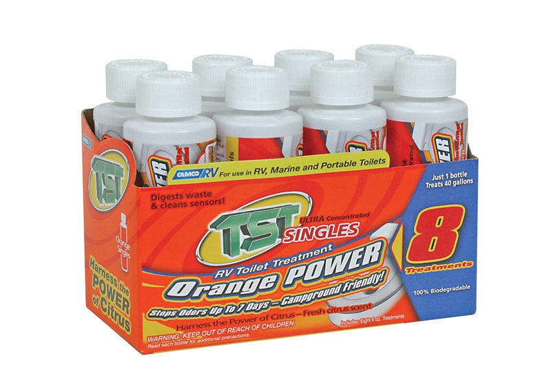 Emery Jensen RV chemicals for toilet treatment, single bottle for RV toilet maintenance and odor control, clear packaging.