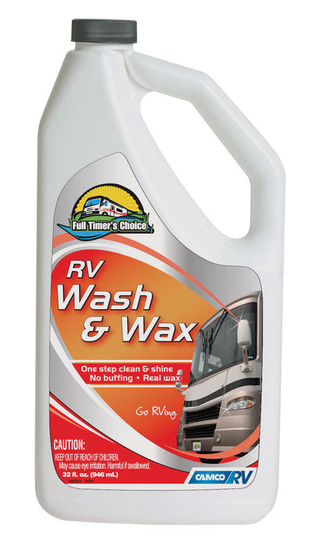 Emery Jensen RV Wash & Wax 32oz bottle, RV chemicals for cleaning and protecting RV surfaces, with a blue cap and label.