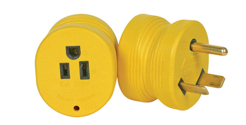 Emery Jensen RV electrical adapter 30 amp male to 15 amp female for connecting RV power sources and outlets.
