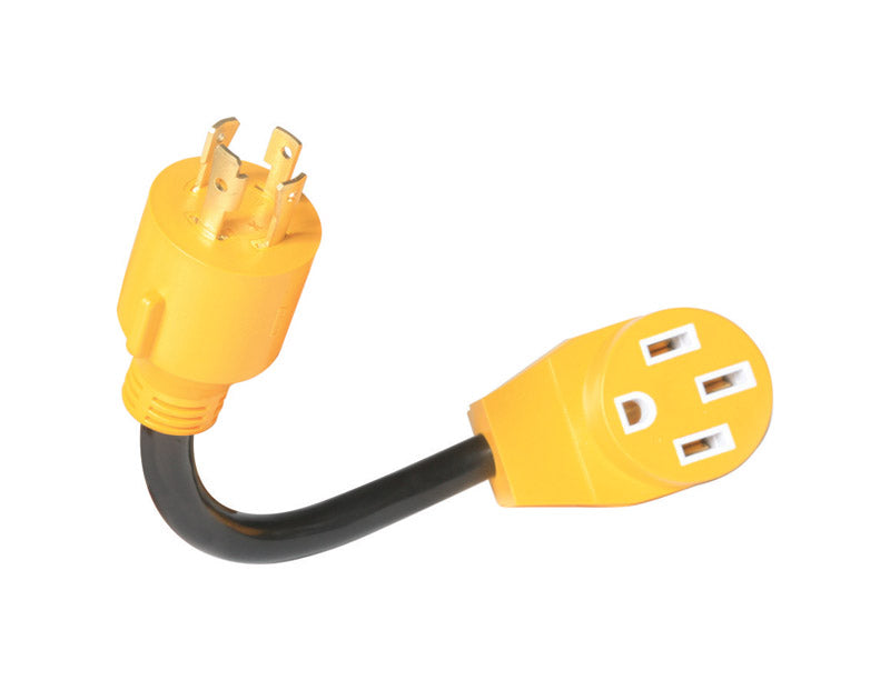 Emery Jensen RV electrical adapter 30M/50F AMP 4P for connecting RV power sources, black plastic with cable.