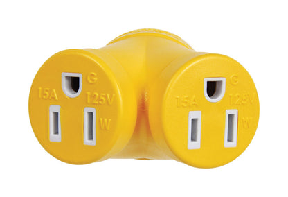 Emery Jensen RV electrical adapter 30MX2/15F AMP 3P, used for connecting RV power sources with multiple outlets.