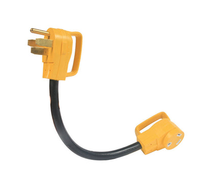 Emery Jensen 50Amp M-30Amp F RV electrical adapter showing male and female connectors for RV power connection