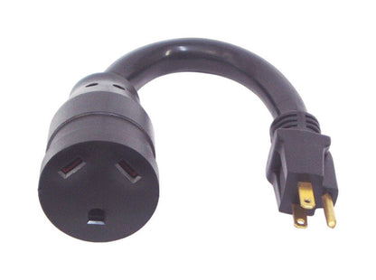 Black RV electrical adapter with 15-30A male and female connectors by Emery Jensen, suitable for RV power connections.