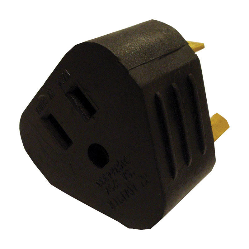 Emery Jensen RV electrical adapter 30A male to 15A female for RV power connection, black plastic with cord.