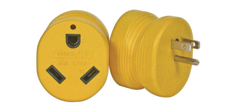 Emery Jensen RV electrical adapter from 15-amp male to 30-amp female for safe power connection.