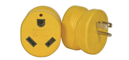Emery Jensen RV electrical adapter from 15-amp male to 30-amp female for safe power connection.