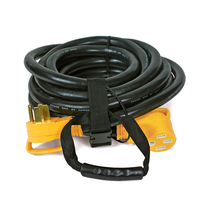 Camco 30-foot 50-amp RV electrical power cord with Emery Jensen branding, designed for safe outdoor RV electrical connection.