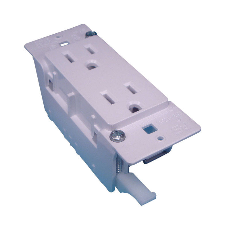 Emery Jensen RECEPTCL DUPLX RV electrical outlet in white, designed for RV electrical connections, shown in close-up.