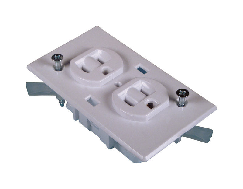 White RV electrical receptacle by Emery Jensen, designed for RV electrical connections and durability.