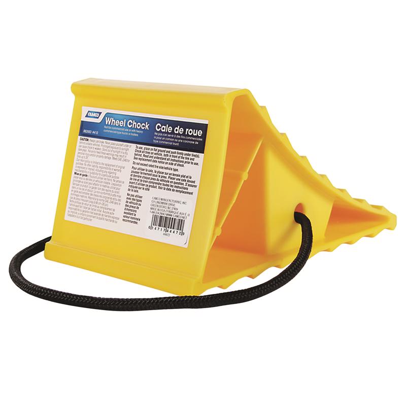Emery Jensen WHL Chock with rope for RV leveling and stabilization, showing sturdy rubber wedge and attached securing rope.