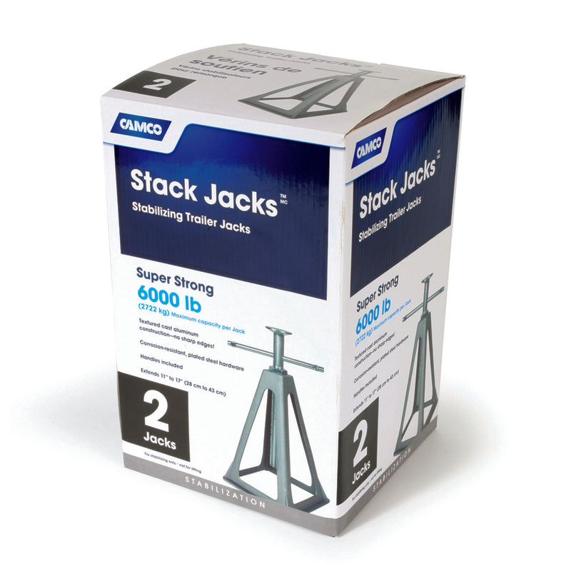Emery Jensen aluminum jack stands for RVs, showing sturdy metal support stands with adjustable height for vehicle maintenance.