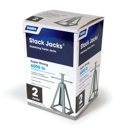 Emery Jensen aluminum jack stands for RVs, showing sturdy metal support stands with adjustable height for vehicle maintenance.