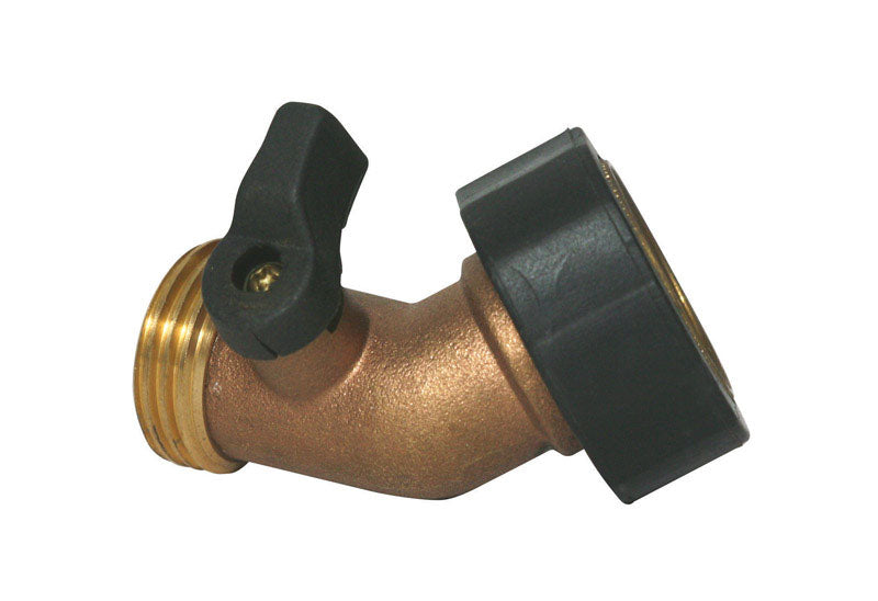 Emery Jensen brass shut-off valve for RV plumbing, with a metallic finish and valve handle for easy water control.