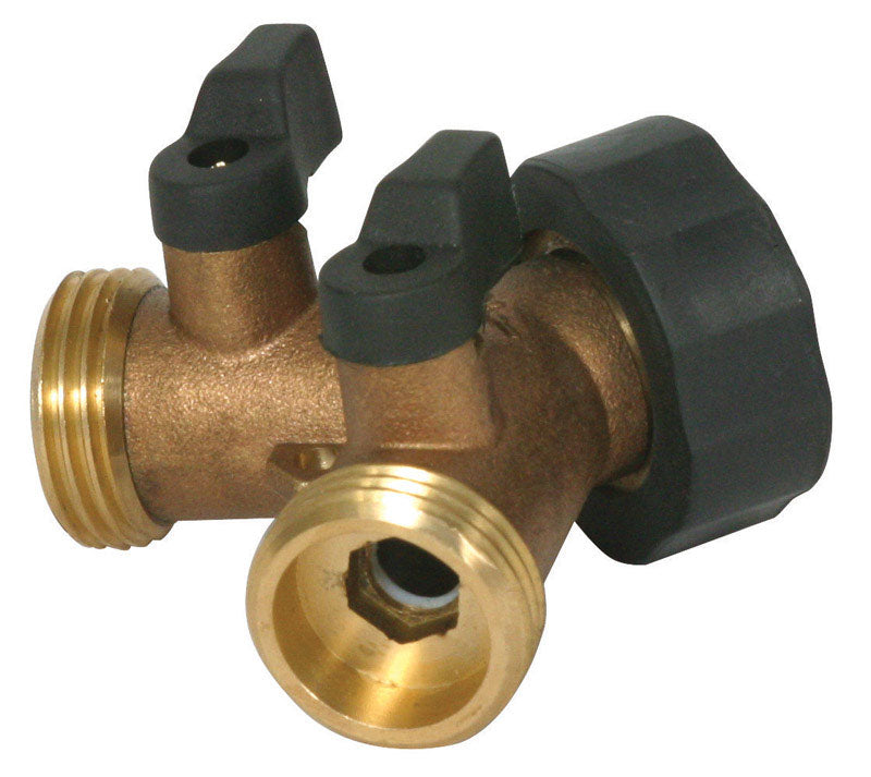 Emery Jensen brass Y shut-off valve for RV plumbing, with visible inlet and outlet connections for easy shut-off and control.