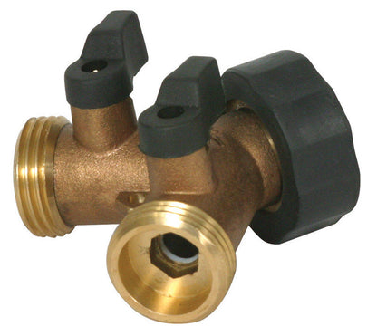 Emery Jensen brass Y shut-off valve for RV plumbing, with visible inlet and outlet connections for easy shut-off and control.