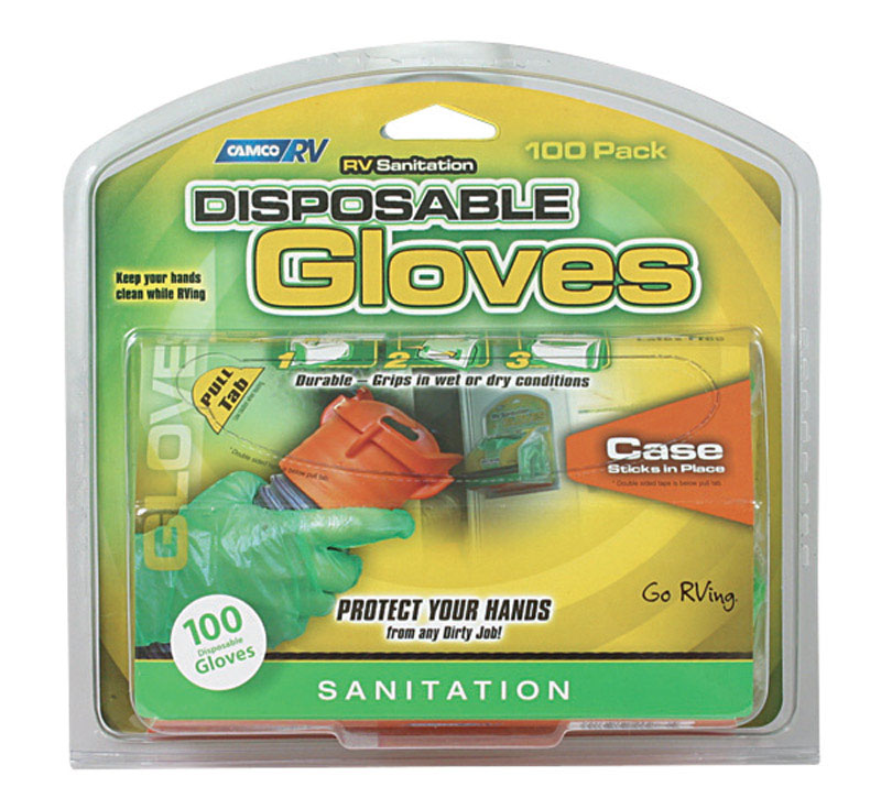 Green disposable gloves from Emery Jensen, 100-pack, suitable for RV maintenance and accessories use.