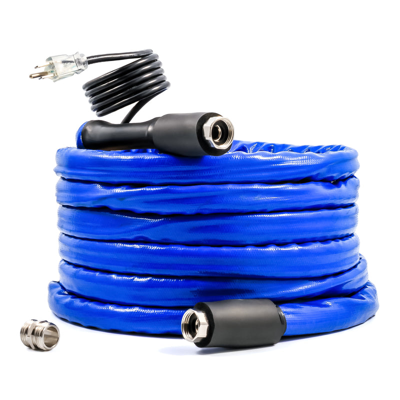 Emery Jensen 25-foot heated RV hose for winter weather, durable and insulated for reliable water flow in cold conditions.