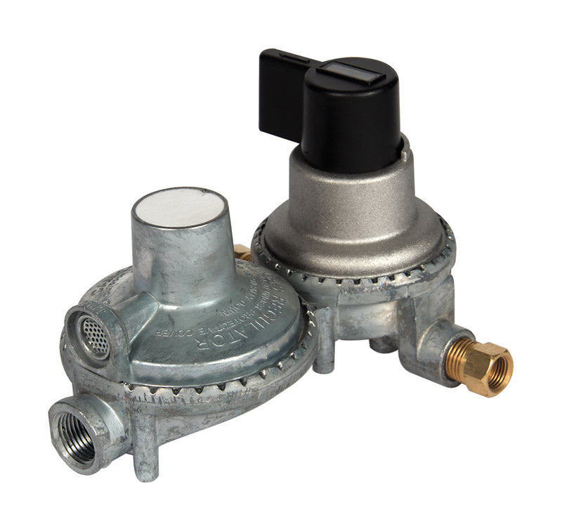 Emery Jensen propane 2-stage regulator for RV parts and accessories, showcasing the regulator with hoses attached.
