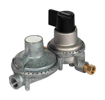 Emery Jensen propane 2-stage regulator for RV parts and accessories, showcasing the regulator with hoses attached.