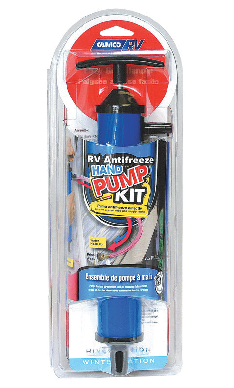 Emery Jensen RV antifreeze hand pump kit with hose and nozzle, portable accessory for winterizing RV plumbing systems.