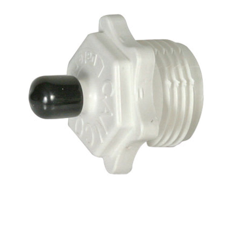 Plastic RV blow-out plug from Emery Jensen, used for winterizing RV water systems, shown in the image.
