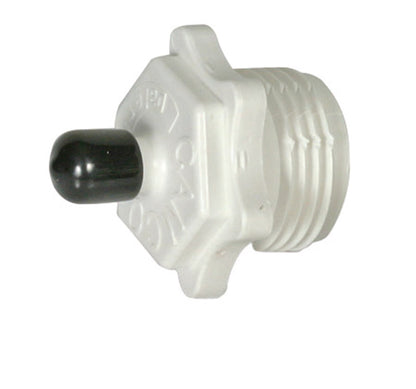Plastic RV blow-out plug from Emery Jensen, used for winterizing RV water systems, shown in the image.